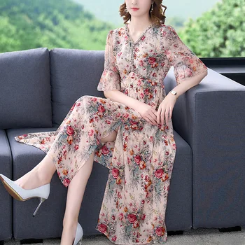 2023 אופנה חדשה משי מודפס שמלת נשים קיץ אלגנטי מפוצלים פרחים רב-תכליתי מתאים רופף פנאי שמלת מסיבת Vestidos