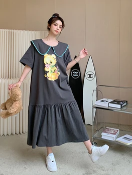 2023 הקיץ הקוריאני Oversize אישה שמלה מזדמן חופשי בתוספת גודל הבובה צווארון שרוול קצר דוב להדפיס שמלות ארוכות לנשים.