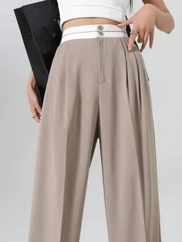 2023 חדש מוצק נשים רחב של הרגל מלא מכנסיים אביב קיץ גבוהה המותניים משרד ליידי מזדמנים מכנסיים רופפים נקבה כיסים