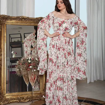 2023 קיץ אופנה חדשה שטחי המזרח התיכון המילה צווארון שיפון ורוד פרח הדפסה השמלה אמיתי דגם ספוט רמדאן עיד Djellaba