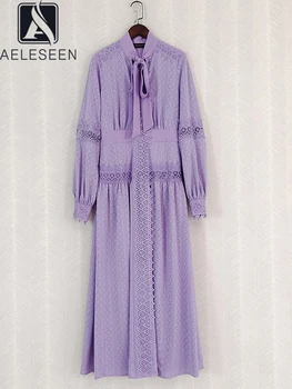 AELESEEN מסלול אופנה שמלת מקסי נשים אביב סתיו שרוול מלא הקשת חלולה החוצה סגול /שחור אלגנטי למסיבת החג XXL