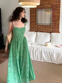 COCHONNET צרפתית רטרו הצווארון המרובע ירוק פרחוני שמלת נשים הקיץ מוצר חדש מעופפים קטנים שרוול באיכות גבוהה החצאית הארוכה