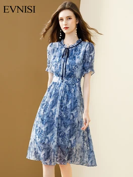 EVNISI קיץ מזדמן שיפון נשים שמלת הדפסה דק אלגנטי משרד ליידי קשת פרחונית Midi כחולות שמלות ערב