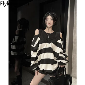 Flykcoozooi מזויף שני חלקים סט מוריד כתף פסים חופשי מזדמן קפוצ ' ונים אופנה קוריאנית Pullovers 2023 אביב נקבה מקסימום