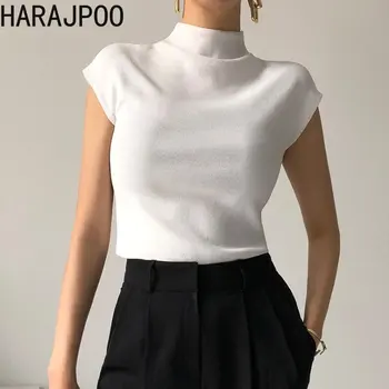 Harajpoo נשים אלגנטי קט קוריאנית שיק הקיץ החדש סלים רב-תכליתי גזה גב רוכסן וינטג ' סמי-צווארוני גולף סרוגים העליון