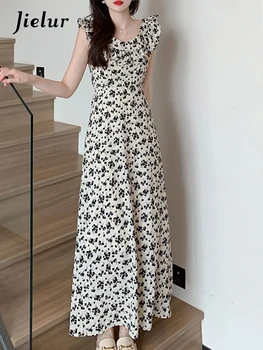 Jielur שחור פרחוני שמלת נשים קיץ חדשות קוריאני משובח הגברת לפרוע את הקולר אופנה שמלה אלגנטית ללא שרוולים שמלות שיפון