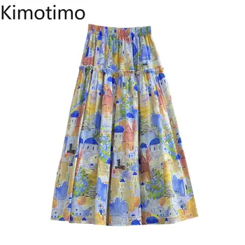 Kimotimo ציור מודפס גותי חצאיות נשים 2023 הקיץ גבוהה המותניים ניגודיות צבע החצאית הארוכה צרפתי בציר אופנה אופנת רחוב