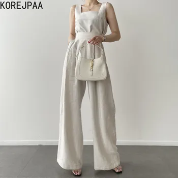 Korejpaa נשים בגדים 2021 הקיץ הקוריאני שיק מיעוט צוואר מרובע הבריח חופשי האפוד למעלה גבוהה מותן קפלים רחב הרגל המכנסיים