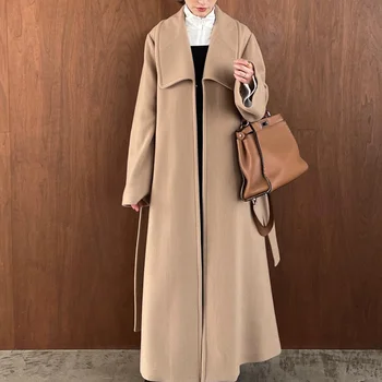 Kuzuwata יפן פשוט משובח הלבשה עליונה Casaco Feminino גדול דש צמר מעיל שרוול ארוך מוצק צבע רופף קו-מעילים