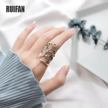 Ruifan עלים טהור 925 כסף סטרלינג טבעת על האצבע טיפה זיגוג פתח טבעות לנשים נקבה S925 בסדר תכשיטים מתנות YRI136
