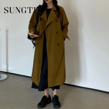 Sungtin 2023 החורף בציר מנופחים מעיל לנשים עם חגורה קוריאנית דש רופף מעיל רוח אופנה מוצק סיבתי המעיל