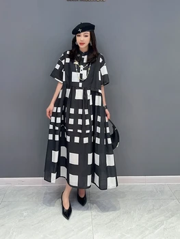 SuperAen 2023 קיץ החדש בסגנון קוריאני סגנון מרובע הדפסת חולצה שמלה Oversize של נשים שרוול קצר ארוך שמלה