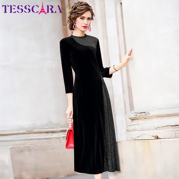TESSCARA נשים סתיו אלגנטי קטיפה שמלת לפסטה נקבה אירוע צד החלוק רשת באיכות גבוהה מעצב בציר קוקטייל Vestidos