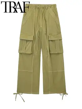 TRAF אופנה הקיץ Y2k נשים מזדמנים מכנסיים צבאיים שרוכים שרוך כיסים קרסול אורך-רוחב המכנסיים נשיים מכנסיים קוריאנית ירוק