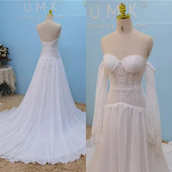 UMK סקסי תחרה מאכזב בוהמיה שמלת ציצית השרוולים כתף שיפון החוף בוהו Brial שמלות
