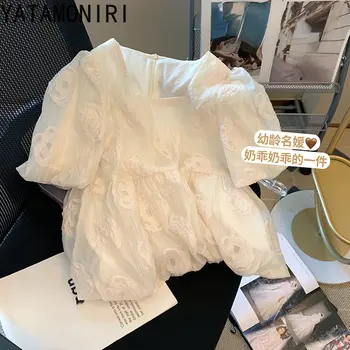 YATAMONIRI צרפתית 3D פרחים חולצות פאף שרוול O-צוואר נשים חולצות לכל היותר נאים רוכסנים פאטאל Blusas Mujer הקיץ 2023
