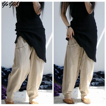 YoYiKamomo 2018 סתיו נשים מכנסיים כותנה פשתן חדש כיסים אלסטיים מותן מוצק צבע רופף רופף באגי מכנסיים גודל גדול