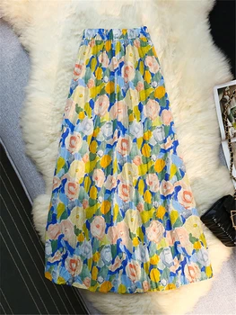 אביב קיץ ציור שמן מודפס נשים המטרייה של חצאיות 2023 חדש גבוהה המותניים פרחוני אופנתי קו-Midi חצאיות נקבה