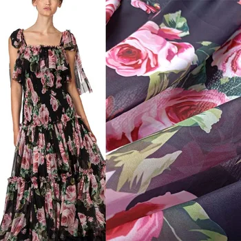 איכות גבוהה שיפון ורוד רוז פרח הדפסה אופנה בד בד שמלת החולצה בעבודת יד DIY תפירה חומר על ידי החצר.
