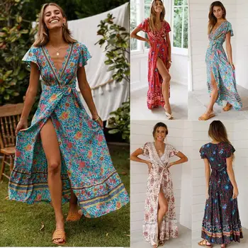 אירופה ואמריקה, אופנה אביב קיץ מזדמן מכירה חמה נופש הדפסה שמלה סקסית ארוכה חצאית בגדי נשים