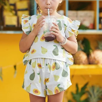 בגדי ילדות בחורה קיץ ללא שרוולים אבוקדו מודפס קפלים ילדה חליפה 2PC ערכות פירות הדפסה מזדמן חליפה בסגנון פשוט For1-6 Y