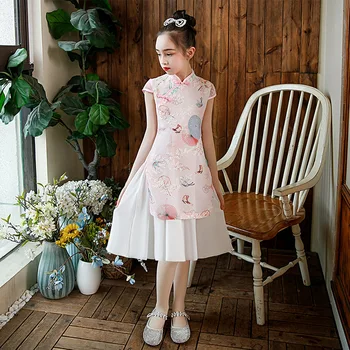 בנות Hanfu שמלת קיץ חדש של ילדים סינית בסגנון רטרו שונה Cheongsam הדפס נסיכת חצאית גזרה באורך בינוני