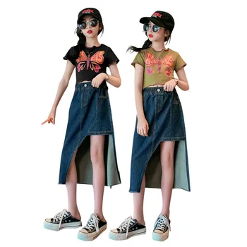 בנות בגדי קיץ אופנה פרפר הדפסת חולצה ג 'קט + סדיר עיצוב ג' ינס חצאית 2pcs מזדמן הילדים לובשים תלבושת 4-14 Y