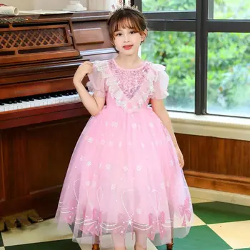 בנות בגדי קיץ נסיכת שמלות נפוחות שרוול קצר לילדים שמלת מסיבת בנות רשת שמלות בגדי ילדים 5-14Y