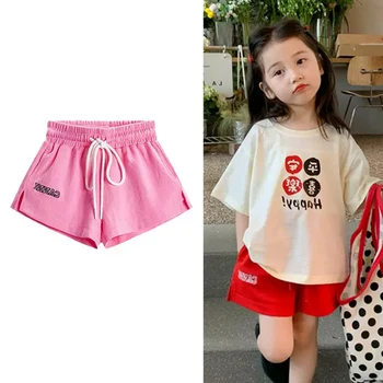 בנות קצרים ילדים במכנסיים קצרים הפעוט מכתב מודפס חוף מכנסיים 2023 קיץ לילדים בגדים בסגנון קוריאני