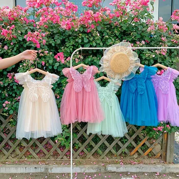 בנות שמלות קיץ 2023 בגדי בנות שמלת נסיכה חמוד כנפי פרפר בנות רשת השמלה מותק של שמלות
