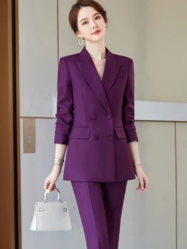 גבירותיי עסקים 2 חתיכה בלייזר להגדיר את נקבת שרוול ארוך ז ' קט + מכנסיים נשים מכנסיים חליפת כחול סגול שחור עבודת משרד ללבוש 5XL