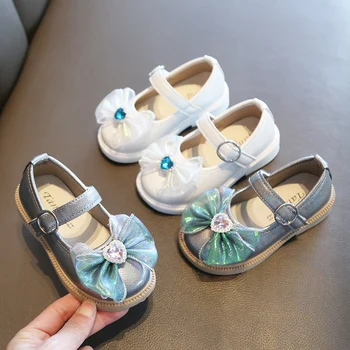 האביב 2023 חדשה ילדים נעלי עור שיק בנות קשת תחרה מתוקה נסיכה קוריאנית סגנון Rhinestones מרי ג ' יין מזדמנים PU