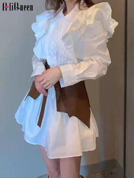 האביב קוריאני נשים שרוול ארוך קפלים, חולצה שמלה אלגנטית לבן מתוק שמלות מיני עם PU גומי נקבה בגדים אלגנטיים