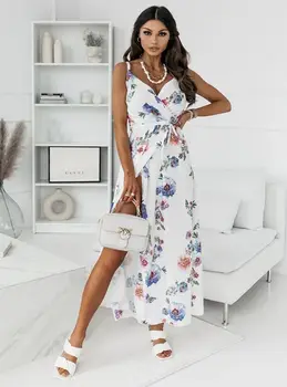 החדרת צבע מוצק Suspender מודפס שסע בשמלה 2023 קיץ אופנה חדשה לנשים טמפרמנט נוח מזדמן החצאית הארוכה