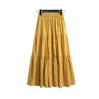 הקיץ קפלים חצי אורך החצאית עבור נשים אופנתי עם קו מותן גבוה טלאים כותנה פשתן צבע מוצק רטרו החצאית הארוכה 2023