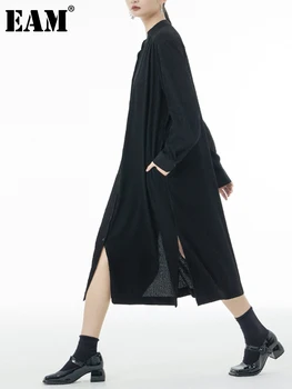 [ידה] נשים שחור קפלים גודל גדול מידי שמלת החולצה החדשה לעמוד צווארון שרוול ארוך מתאים רופף אופנה האביב הסתיו 2023 1DF6205