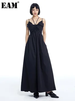 [ידה] נשים שחור קפלים צלב ארוך אלגנטי שמלה חדשה V-צוואר בלי שרוולים מתאים רופף אופנה גאות באביב קיץ 2023 1DF8209