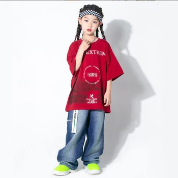 ילד Kpop היפ הופ להראות ביגוד אדום חולצה חולצות טי אופנת רחוב זיעה מכנסי ג 'ינס לנערות ג' אז ריקוד תלבושת בגדי הבמה