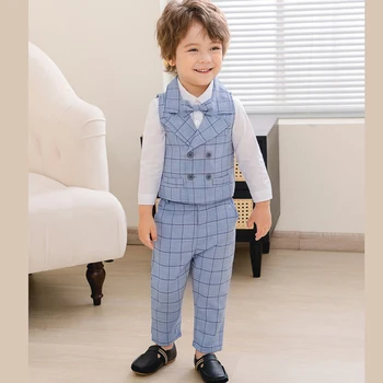 ילדה קוריאנית משובץ 4pcs החליפה להגדיר ילד ג ' נטלמן פסנתר ביצועים חתונה, יום הולדת תחפושות ילדים אפוד מכנסיים, חולצות עניבת הפרפר בגדים