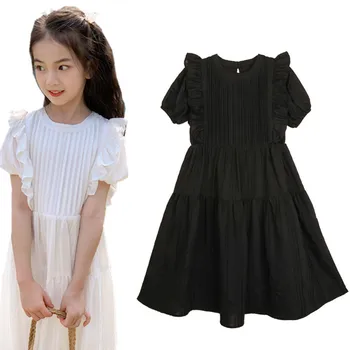 ילדים בנות הקיץ קפלים הזיקוק מוצק לבן שחור dreses ילדים נוער בנות נסיכת אופנה שמלת מסיבת בגדים