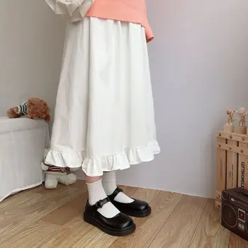 יפני לבן ארוך לפרוע חצאיות לנשים Kawaii Harajuku וינטג ' אופנת רחוב חמוד לוליטה אסתטית גבוהה המותניים