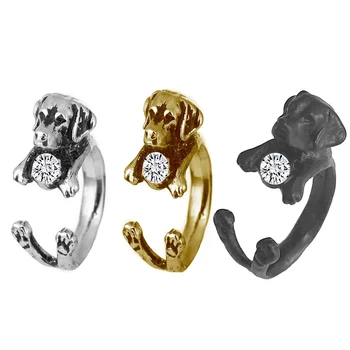 לברדור טבעת עתיקה כסף/שחור/ברונזה מצופה 3 צבע חמוד היפי כלב לבן משובץ יהלומים מלאכותיים תכשיטי אופנה לנשים