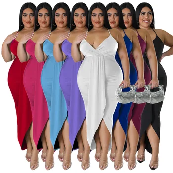 נשים מידות גדולות לא סדיר ספגטי שמלת צוואר V שרוולים קפלים מוצק מועדון לילה Bodycon שמלות 2023 הקיץ