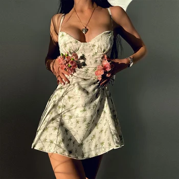 נשים מיני קלע חצאית פרחוני דפוס סקסי פיג ' מה אופנה שמלה ללא שרוולים כתף מתכווננת רצועות ספגטי חם אופנת רחוב