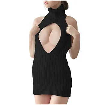 נשים סקסי חזה פתוח סוודר שמלות ללא משענת שרוולים רפויים מיני שמלה אישה תלבושות סקס גולף הלבשת לילה Vestidos חלוקים