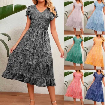 נשים קיץ אלגנטי צוואר V שמלה פרחונית ארוכה הלבוש לנשים אלגנטי שמלות קיץ לנשים שמלות מסיבת לנשים