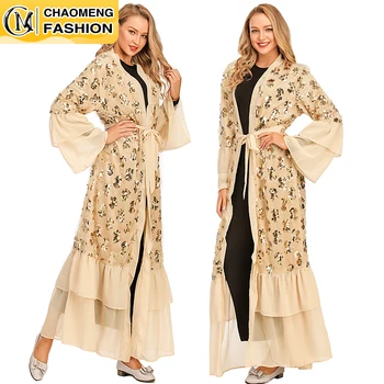 עיצוב חדש נשים Abaya זהב ציצית נצנצים קימונו האסלאמית קרדיגן אופנתי שיפון בד צנוע ללבוש דובאי, טורקיה בגדים