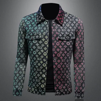 צבע רשת דש הז 'קט איכות גבוהה דפוס דפוס הדפסת ז' קט שרוול ארוך מעיל גברים טייס המעיל בתוספת גודל 4XL