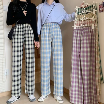 צבעוני רחב הרגל המכנסיים נשים וינטאג גבוהה המותניים אופנה מכנסיים Harajuku אופנת רחוב Y2k נקבה מזדמנת רזה ארוך ישר שאיפה 