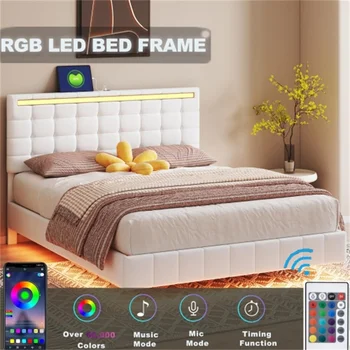 קווין סייז צף מסגרת מיטה עם נורות LED ו-USB טעינה מודרני מרופדים פלטפורמה LED מסגרת המיטה הלבנה בחדר השינה רהיטים